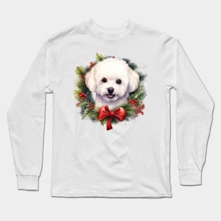 Christmas Bichon Frisé Dog Wreath Long Sleeve T-Shirt